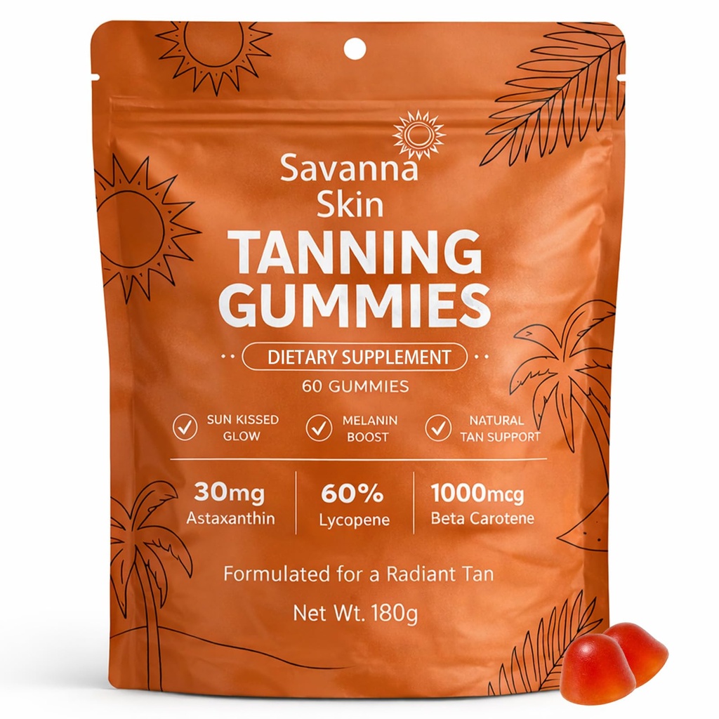Savanna Skin Tanning Gummies, עם ויטמין C & E, Astaxanthin, Beta Carotene, Skin Radiance & Hydration for Natural Looking Glow, Bronzing, Non-GMO, טבעוני וסוכר חינם - 60 Count (1)