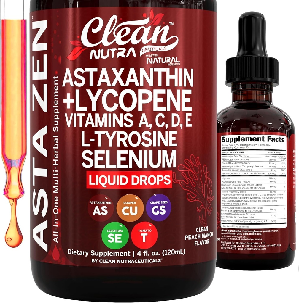 ניקוי Nutra Astaxanthin Lycopene נוזל טיפות Absorption תמיכה ויטמינים A C D E 4 oz - טפט טבעי D3 C E & Selenium L-Tyrosine Formula Pure Antioxidant Band