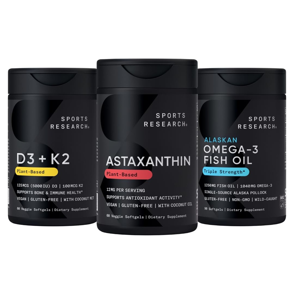 מחקר ספורט ® Antioxidant Support Pack w/Triple Power Astaxanthin תוספת של Algae, אומגה 3 דגים שמן 1250 מ"ג, ויטמין D3 5000iu & Mk7 ויטמין K2 עם קוקוס MCT נפט