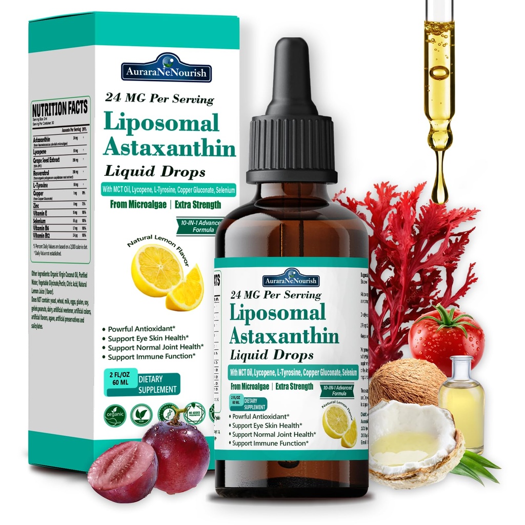 Liposomal Astaxanthin 24mg נוזל טיפות, 11-in-1 Antioxidant עם שמן MCT, Lycopene & אורגני קוקוס שמן, פרי מיקרולגה מקור, תומך בריאות משותפת עין עור עבור נשים וגברים, לימון פלברס