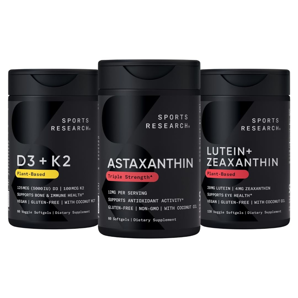 מחקר ספורט ® Antioxidant Support Pack W / Astaxanthin 12mg, ויטמין D3 5000o + K2 100mcg, ו Lutein 20mg + Zeaxanthin 4 מ"ג - תוספת טבעונית - Non-GMO - Gluten & Soy Freeg, ו-Soy Free Free
