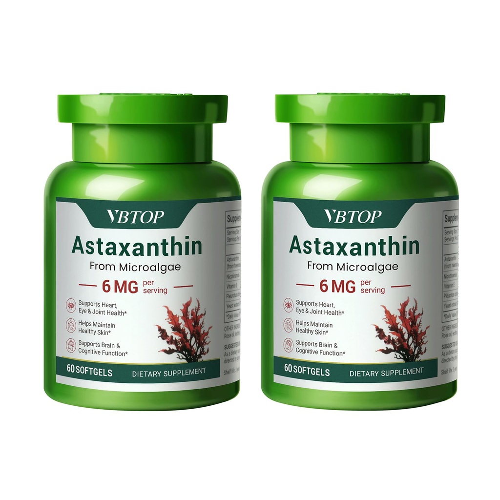 2 בקבוקי Astaxanthin 6 מ"ג, Premium Astaxanthin תוספת עם פעילות אנטי-חמצן, תומך העין, העור, המשותף, Immune System Health. מקור Microalgae טרי, non-GMO, ללא גלוטן - 120 רכות