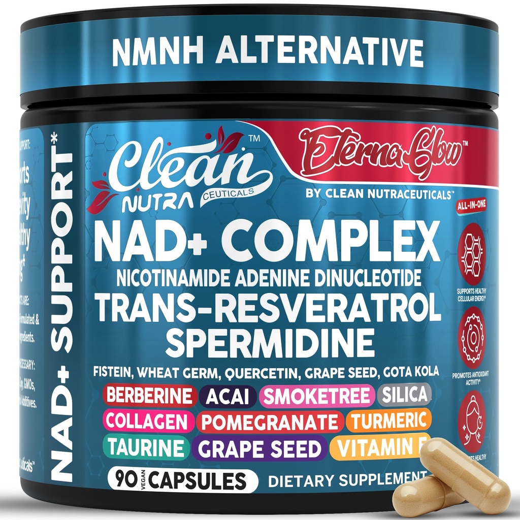 NAD Resveratrol תוסף הזרעים Fisetin Quercetin Grape Seed Gotu Kola Berberine Astaxanthin Turine Pomegranate Acai Anti Aging Longevity קפסולות עבור נשים גברים Eternaglow על ידי ניקוי Nutra 90ct 90ct