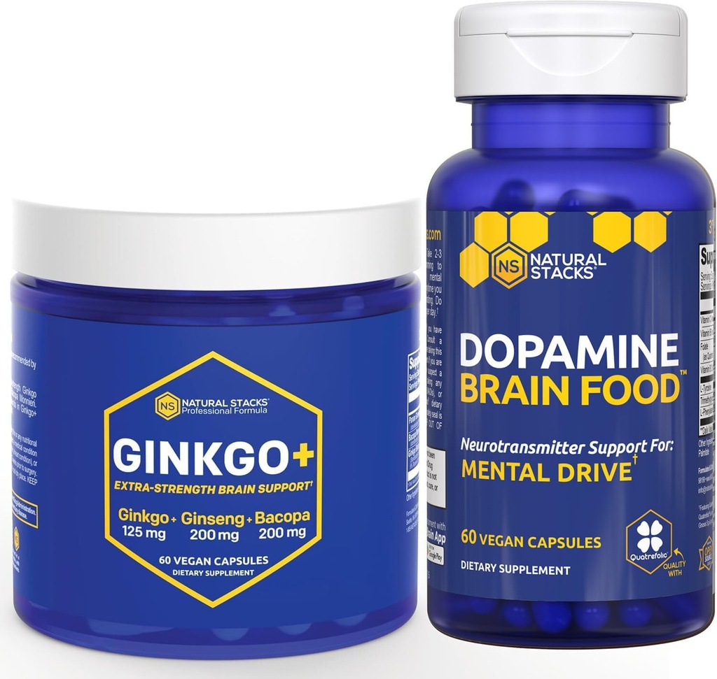 NATURAL STACKS Genekgo Biloba + Dopamine Brain Food Bundle - תומך ב- Focus & Mental Drive - 120 קפסולות מוחלטות