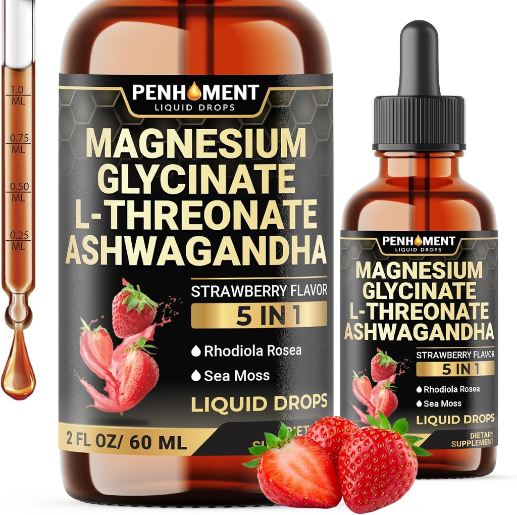 5in1 Magnesium Glycinate נוזל טיפות עם Ashwagadha לחלץ, Magnesium L-Threonate, Rhodiola Rosea, Sea Mos - תמיכה מוחית ו Immune - 2 Fl Oz - אספקת 30 יום - Strawberry פלמור