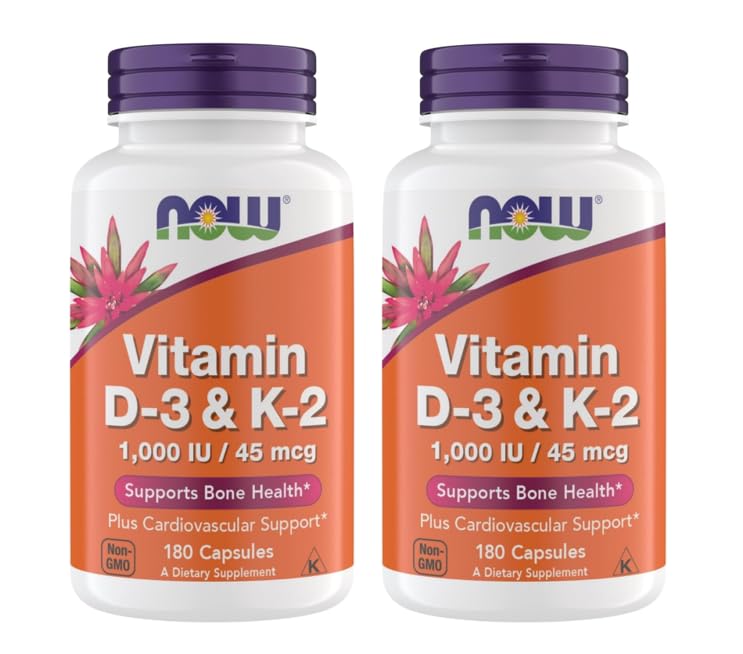 עכשיו תוספי ויטמין D3 K2, 1,000 IU / 45 mcg, Cardiovascular תמיכה, תמיכה בריאות העצם, 180 קפסולות צמחוניות - טבעוני, Gluten חינם, כשר ויטמין D3 ו K2 תוספי (2)