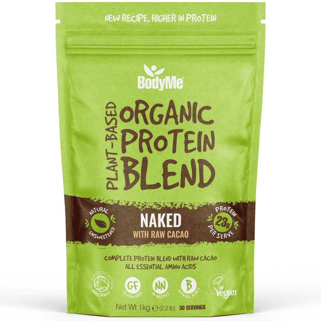 אבקת חלבון אורגני של BodyMe ו- Raw Cacao | 2.2lb 1kg | UNSWEETENED עם 3 חלבון צמחי