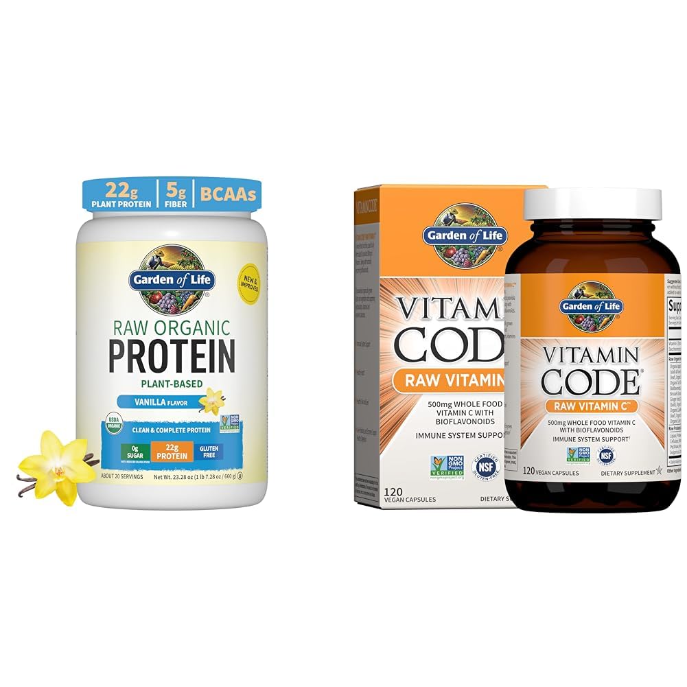 Garden of Life Organic Vanilla חלבונים אבקת 22g - ויטמין C 120 קפסולות Bundle