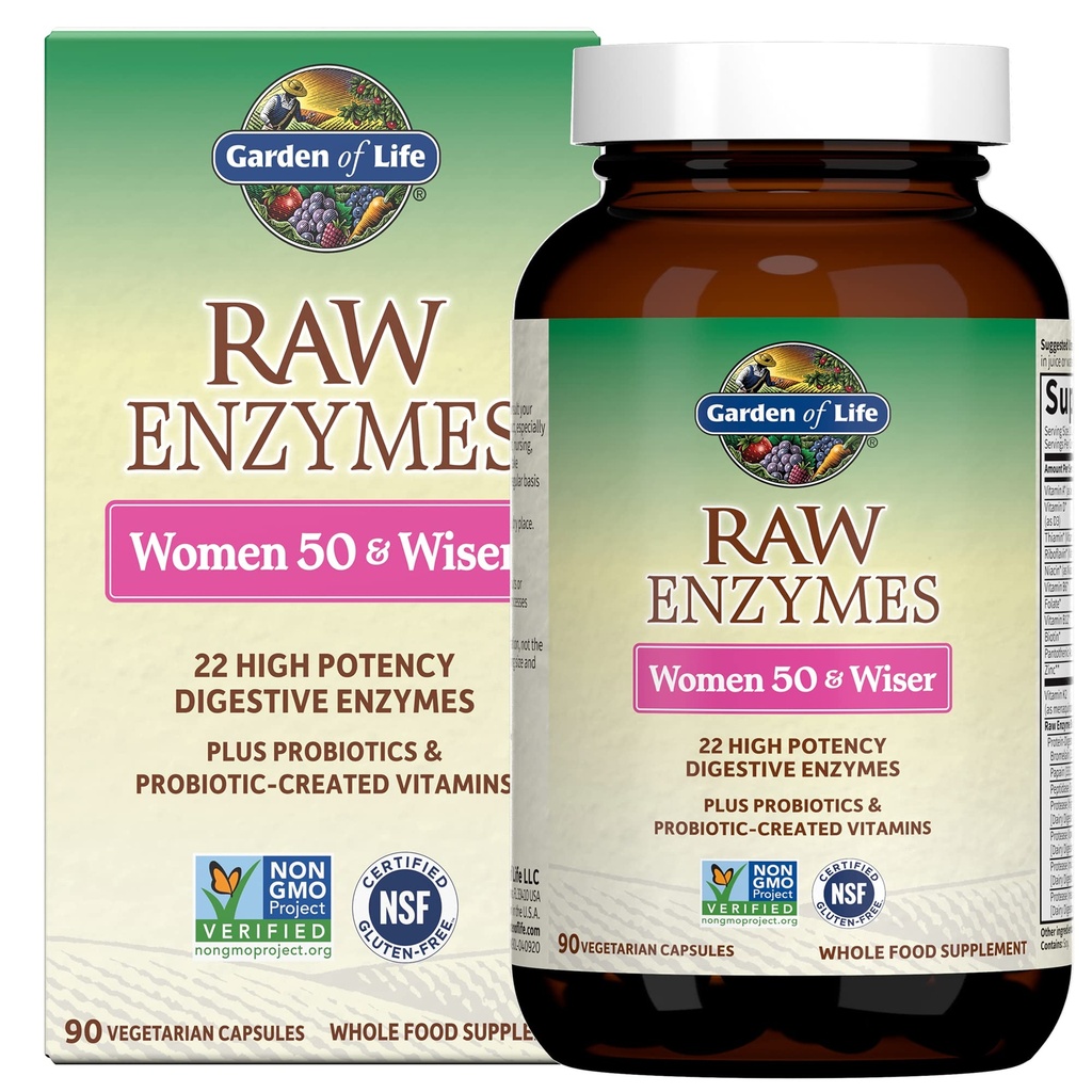 גן החיים 22, Enzymes for Women 50 & Over with Bromelain, Papain & Lactase בתוספת Probiotics & ויטמין B12, Biotin & Zinc - RAW Enzymes - Non-GMO, Gluten-Free, Vegetarian, 90 קפסולות