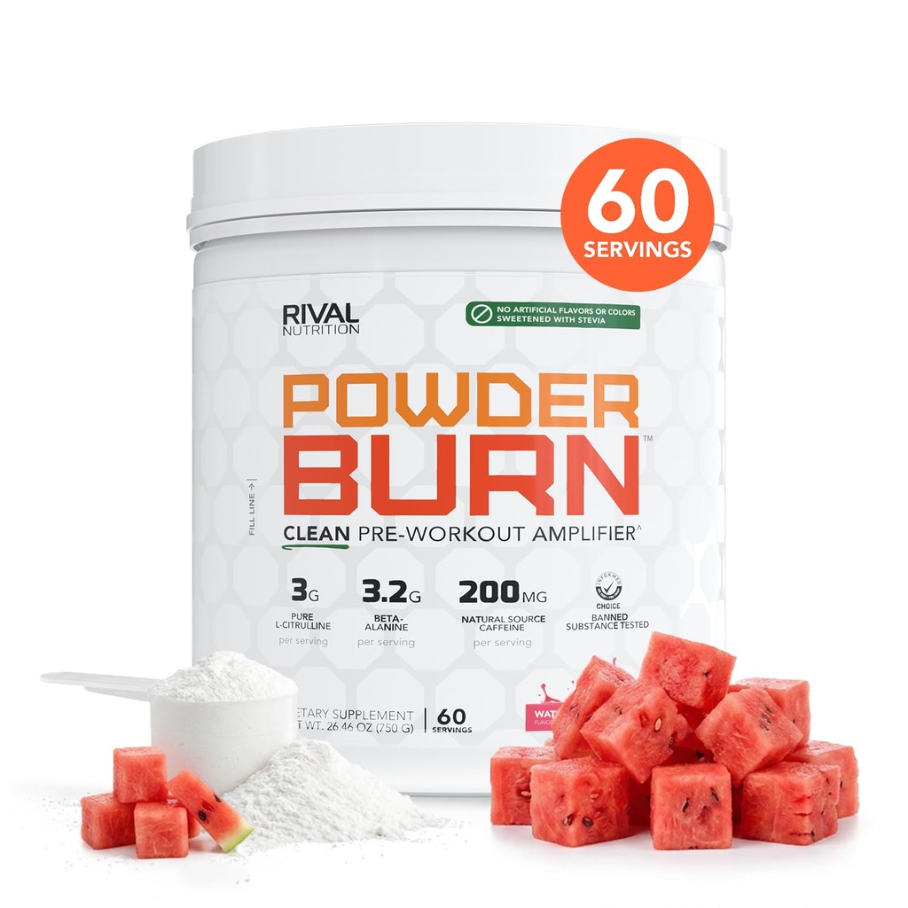 אבקת RIVAL NUTRITION Burn Pre-Workout Energy אבקת עבור גברים ונשים I Watermelon Candy, 60 משרתים | אינטגרנטים נקיים I 3g L-Citrulline, 3.2g Beta-Alanine ו -200 מ"ג Natural Caffeine Per המשרתים