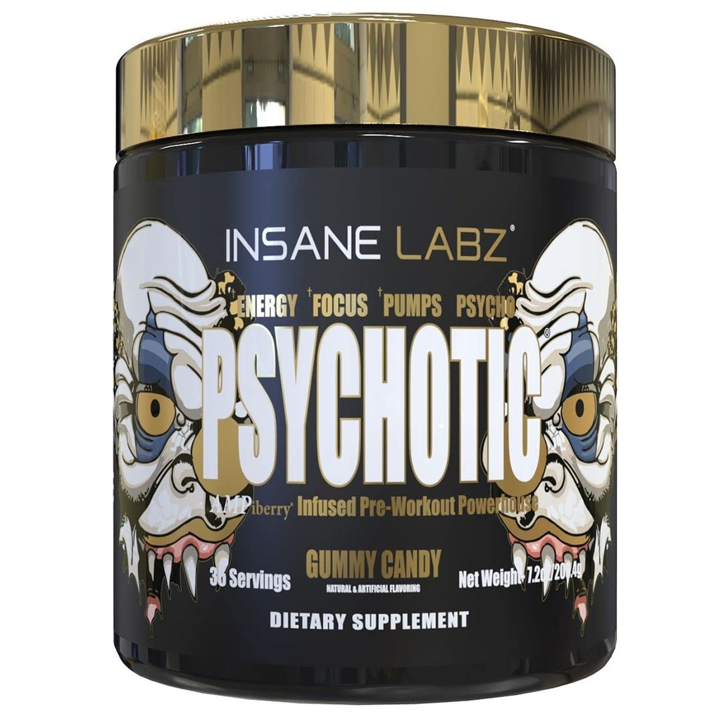 Insane Labz Psychotic Gold, High Stimulant Pre Workout אבקה, אנרגיה מתקדמת ממוקדת, משאבות וסוף עם אלן Betaine, DMAE Bitartrate, no Booster (35 משרתים, Gummy Candy)