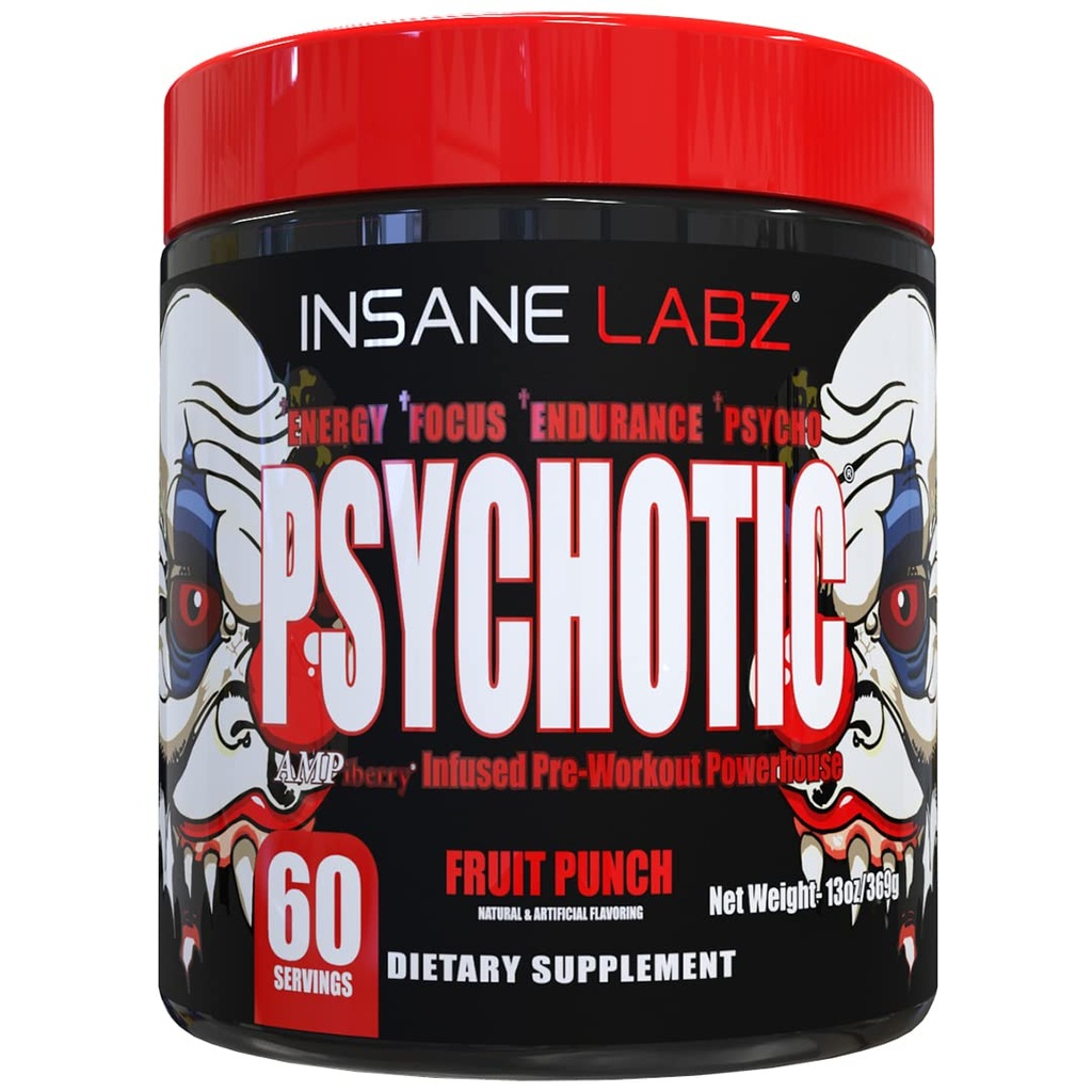 Insane Labz Psychotic, High Stimulant Pre Workout אבקה, אנרגיה מתקדמת, להתמקד אנדורנס עם Beta Alanine, Creatine Monohydrate, DMAE, 60 Srvgs, פירות