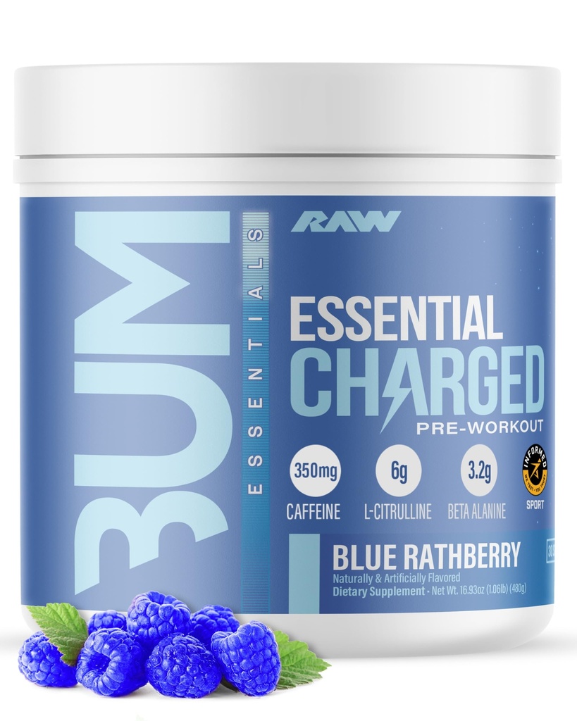 אבקת RAW Pre-Workout, Essential CHARGED (Blue Rathberry) - תוספת Preworkout עבור גברים ונשים - תמיכה להתמקד, Mood, & ביצועים - Caffeine, Alpha-GPC, L-Citrulline, Alan (25 משרתים)