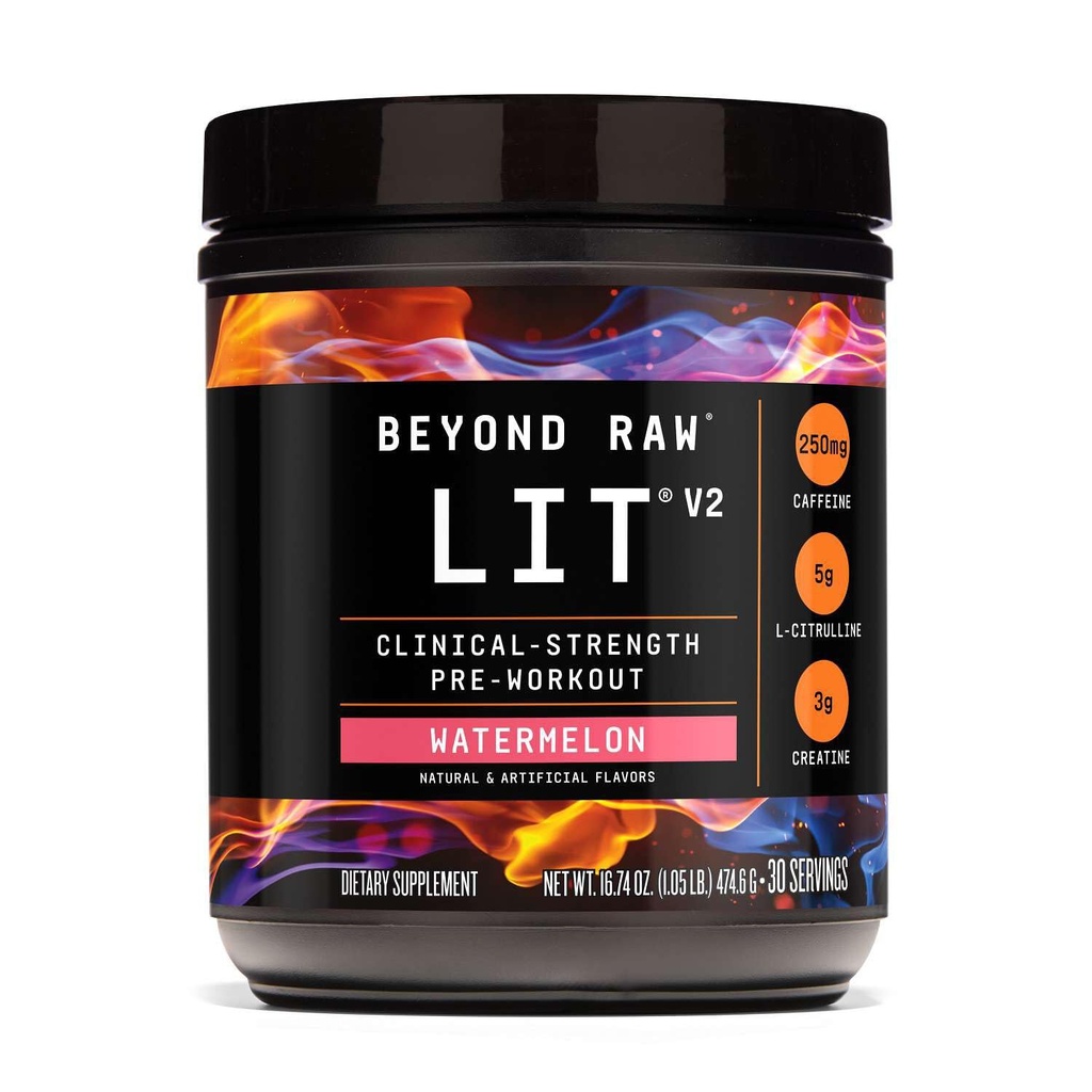 BeYOND RAW LIT V2 כוח קליני למנוע אבקה, Hits Harder, Bigger Pumps, Caffeine, L-Citrulline, Creatine, Watermelon, 30 משרתים