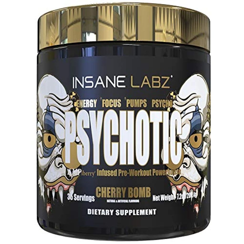 Insane Labz Psychotic Gold, High Stimulant Pre Workout אבקה, אנרגיה מתקדמת ממוקדת, משאבות וסוף עם אלן Betaine, DMAE Bitartrate, no Booster (35 משרתים, Cherry Bomb)