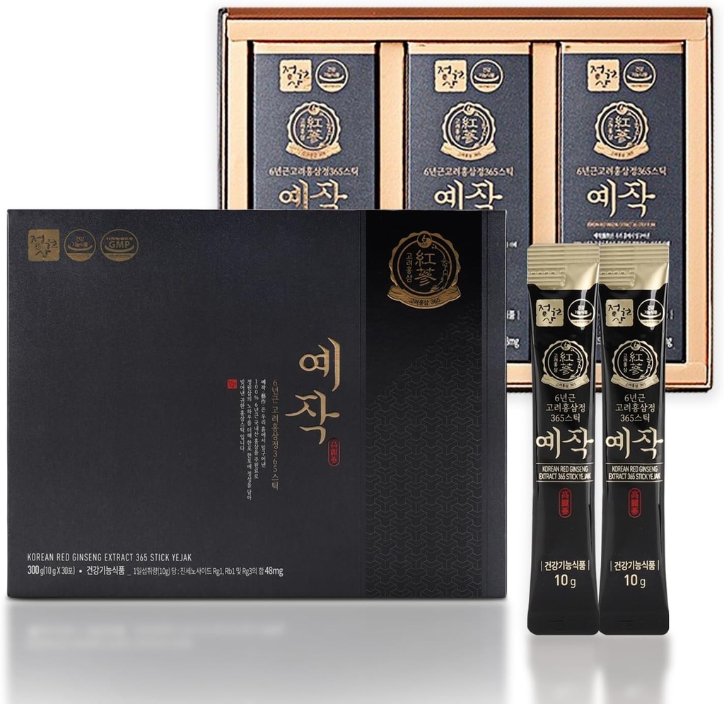 Premium Yejak 6-Year-קוריאנית Red גינזנג לחלץ | 30 Sticks | טבעוני | 48 מ"ג ג'ינסנוסיידים ל Stick | אנרגיה, פוקוס, עייפות, תמיכה בחיסון | Daily Vitality for Men & Women