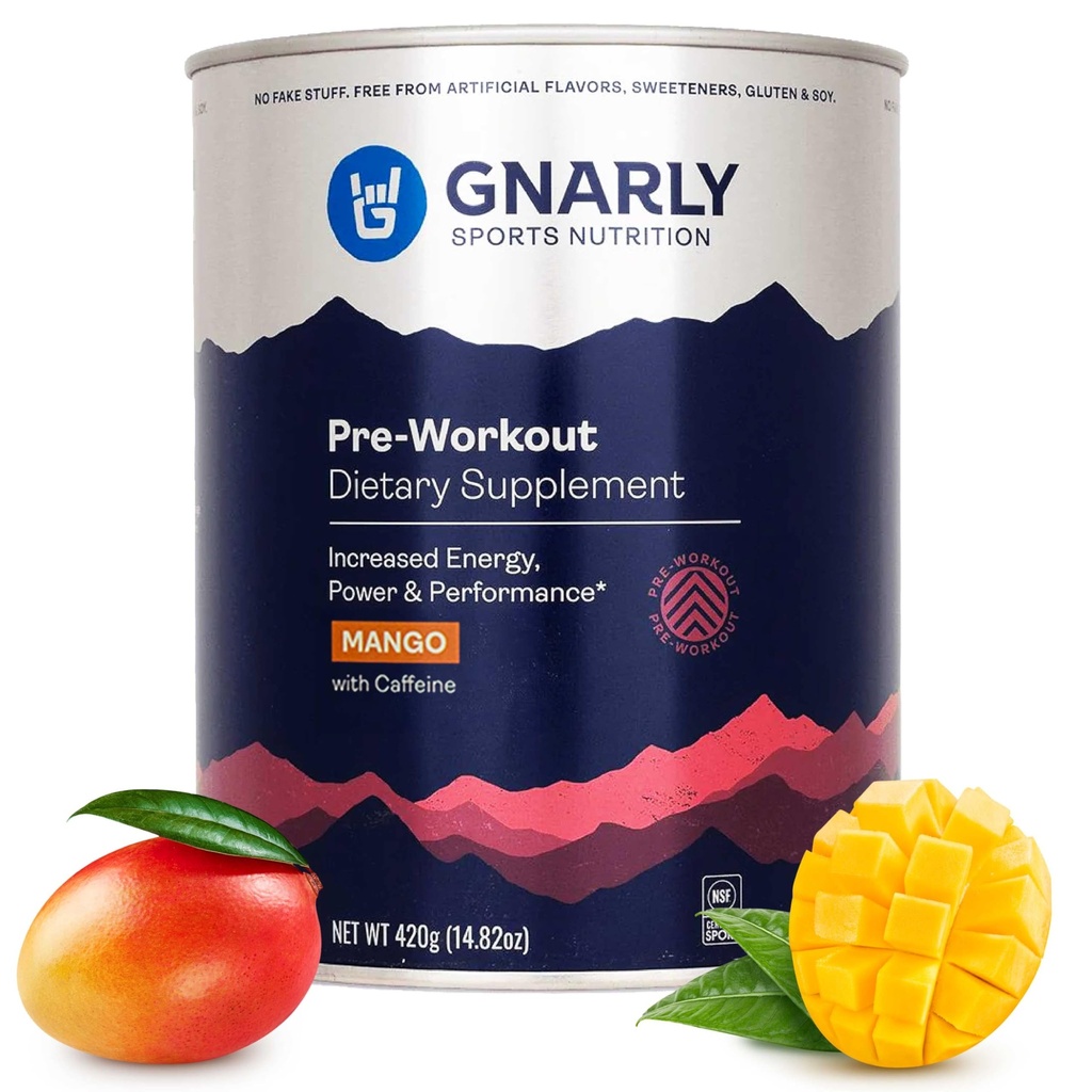 Gnarly Nutrition Natural Pre-Workout אבקת, מנגו - NSF תוכן מוסמך, Endurance & Recovery - טבעוני Pre-Workout, ספורט תזונה - מנגו עם Caffeine, 14.82 oz