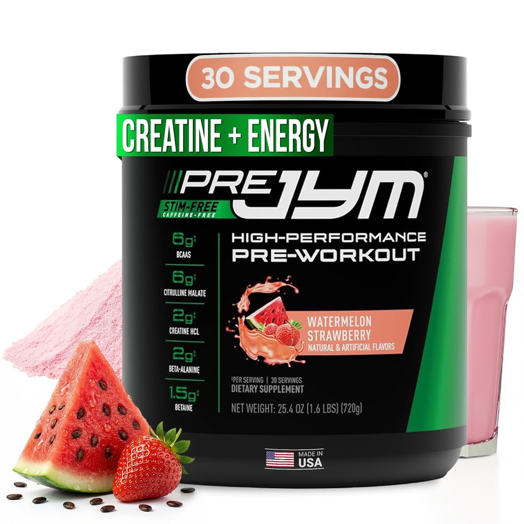 טרום JYM Stim Free Watermelon Strawberry טרום-Workout אבקת, Creatine, No Caffeine, Citrulline, Betaine, BCAA's, Turine, Alpha-GPC, Huperzine, 30 משרתות