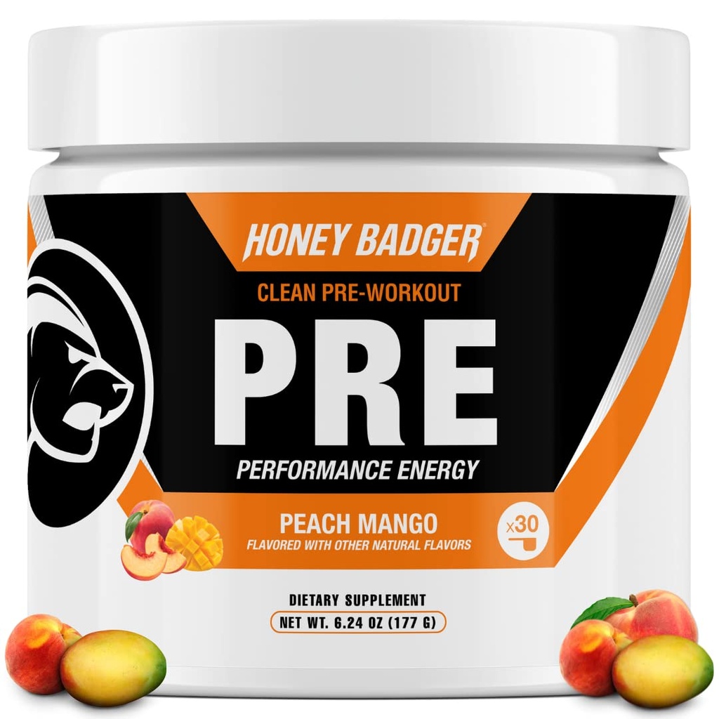 Honey Badger טרום עבודה אבקה, Keto Vegan Preworkout עבור גברים ונשים, Beta Alanine & Caffeine, סוכר חינם אנרגיה טבעית תוספת, Peach מנגו, 30 משרתים