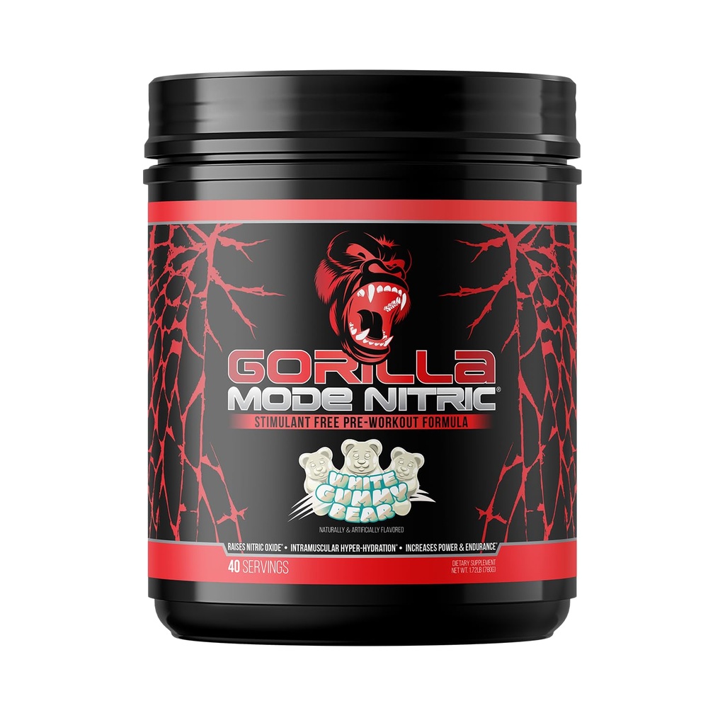 מצב גורילה Nitric שדרג את Stimulant Free Pre-Workout - Best Tasting and Most Pro Stimulant Free Pre-Workout/Massive Pumpsive Pumps) ו- 780 גרמים (White Gummy Bear)