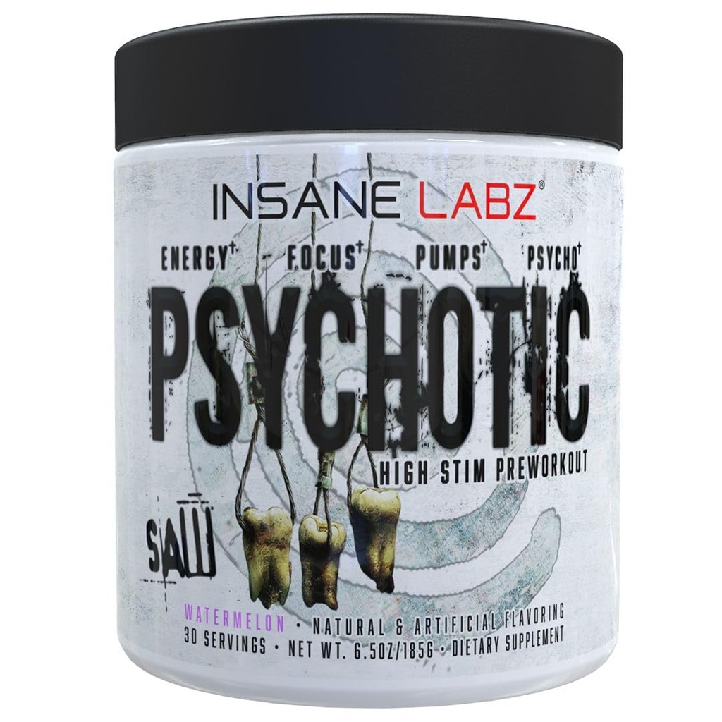 Insane Labz Psychotic Saw, High Stim Pre Workout אבקת עם OxyGoldTM ו AMPiberry®, Extreme Lasting Energy with Teacrine®,Focus with CognitIQ® ו- Endurance (30 משרתים, Watermelon)