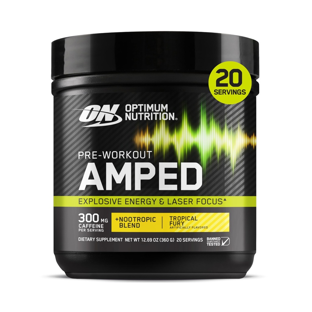 Optimum Nutrition Amped Pre-Workout, עם Citrulline, Beta-Alanine, Nootropics ו 300 מ"ג של קפאין לאנרגיה, פיורי טרופי, 20 משרתים (Packaging May Vary)