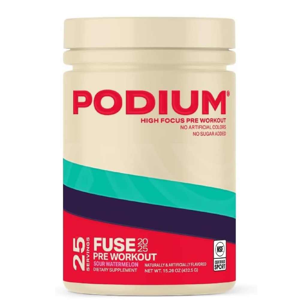 פודיום תזונה, Fuse 2025 טרום עבודה אבקה, Sour Watermelon, 25 משרתים, Beta Alanine וקפאין לאנרגיה, Gluten Free, Soy Free, Milk