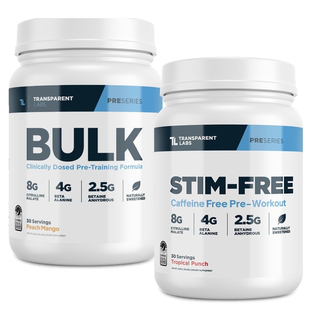 Transud Labs Bulk Pre-Workout (30 משרתים, Peach מנגו) & Stim-Free Pre-Workout (30 משרתים, טרופיים Punch)
