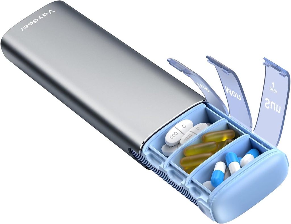 Vaydeer Metal Travel Pill מארגנת, 7 Day Weekly Pill Box, Large Capacity Daily Sweet Pill Case for Supplements, Pills, ויטמינים ותרופות (קטן, gunmetal)