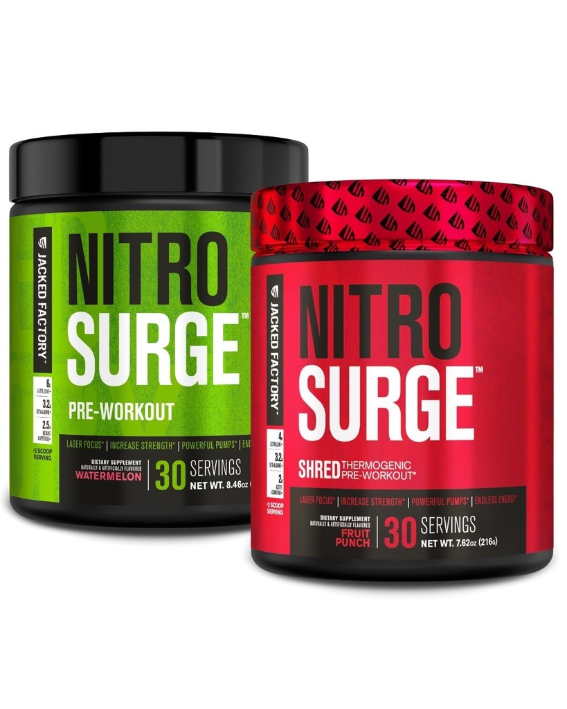 מפעל ג'ק Nitrosurge Pre-Workout in Watermelon & Fruit Punch Nitrosurge Shred Thermogenic Pre-Workout for Men & Women