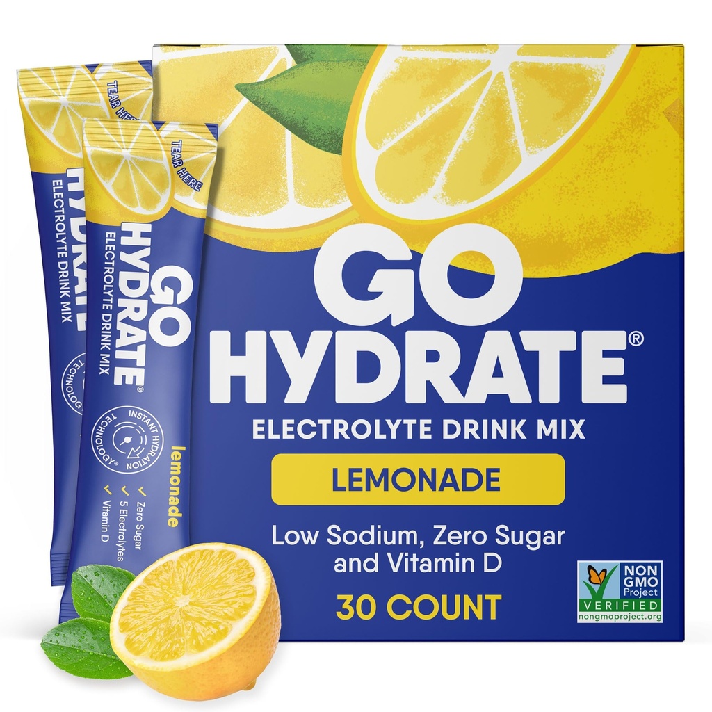GoHydrate Low Sodium Electrolytes אבקת Packets סוכר חינם - מיידית hydrotion Daily Drink - Zero Sugar Water Flavor Packet Singles עם ויטמין D - (Lemonade, 30 Packs)