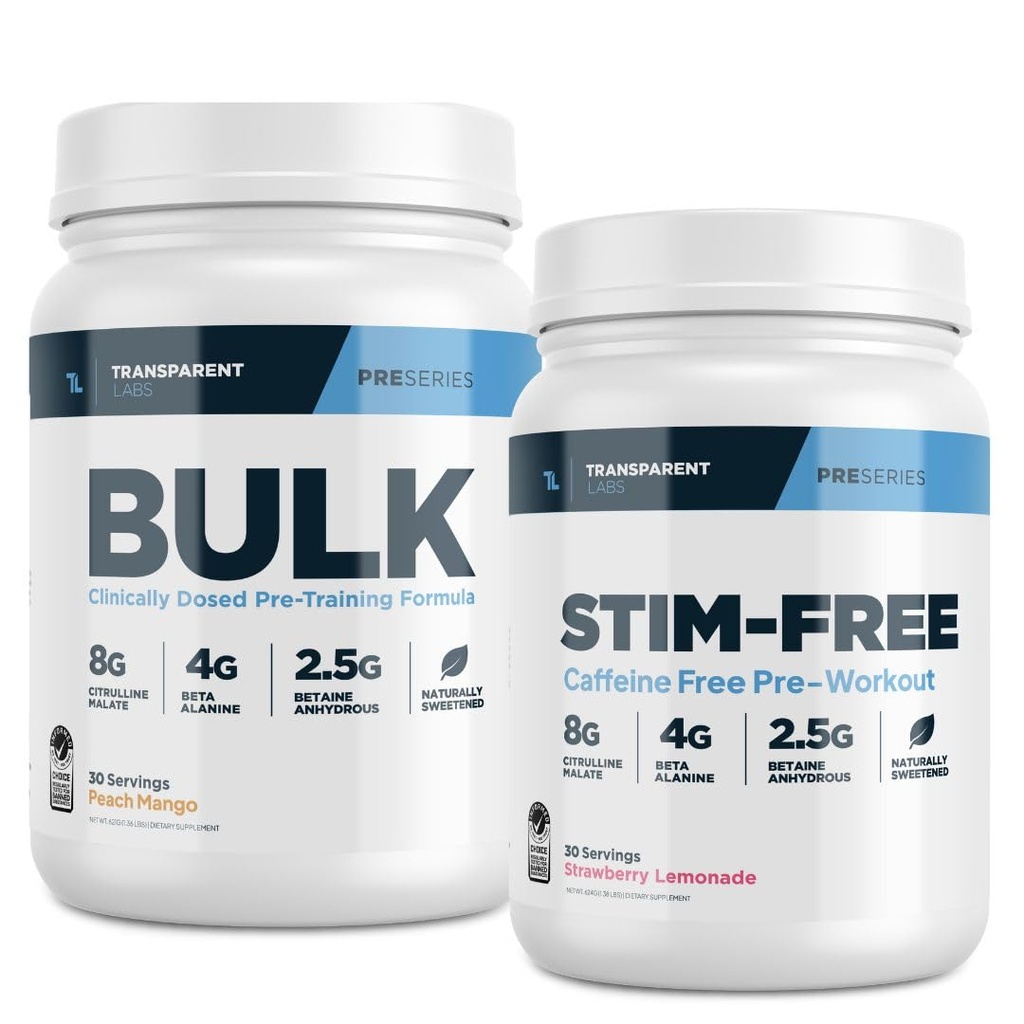 Transud Labs Bulk Pre-Workout אבקה (30 משרתים, Peach מנגו) & Stim-Free Pre-Workout אבקה (30 משרתים, Strawberry Lemonade)