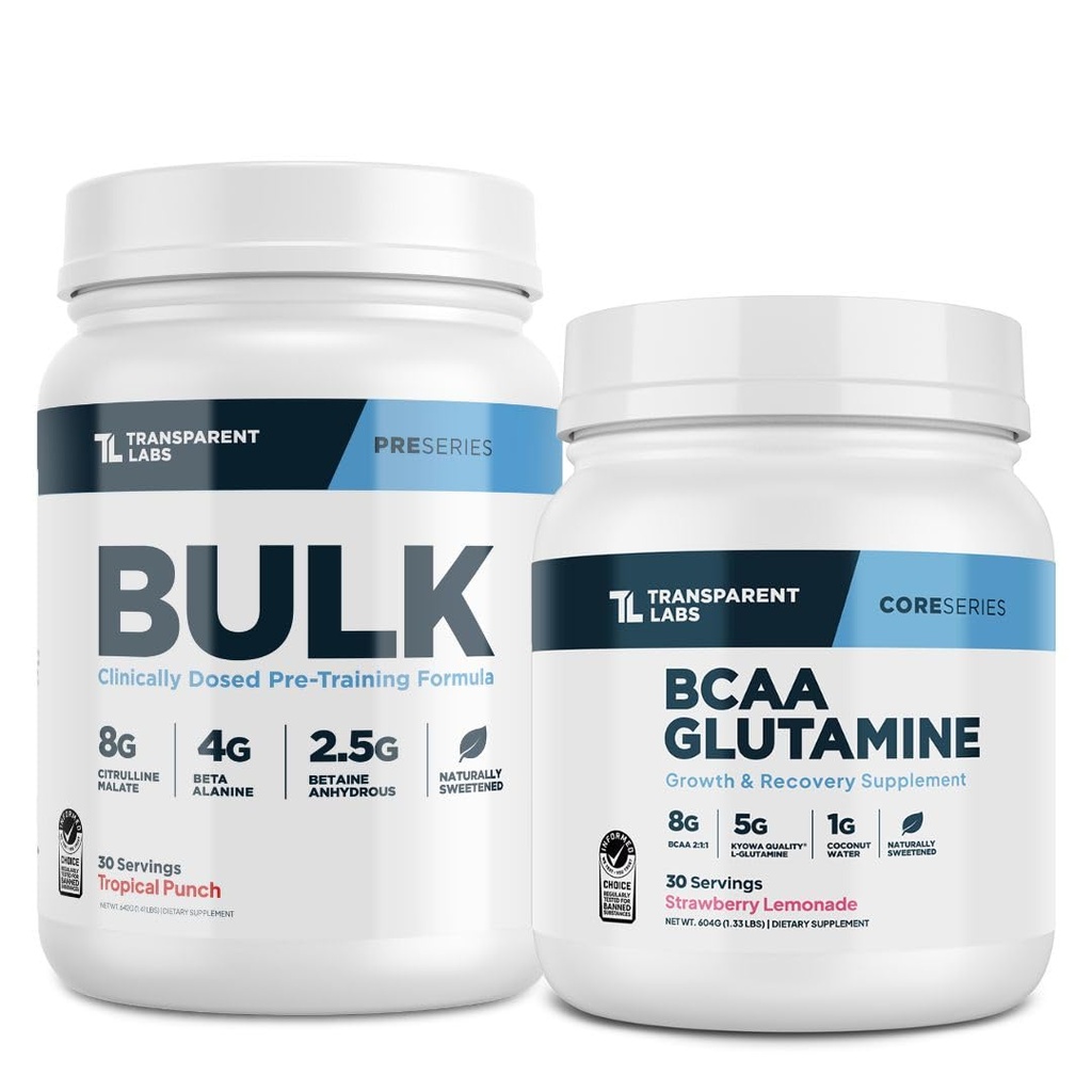 Transud Labs Bulk Pre-Workout (30 משרתים, Punch טרופי) & BCAA Glutamine (30 משרתים, Strawberry Lemonade)