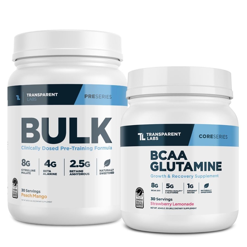 Transud Labs Bulk Pre-Workout (30 משרתים, Peach מנגו) & BCAA Glutamine (30 משרתים, Strawberry Lemonade)