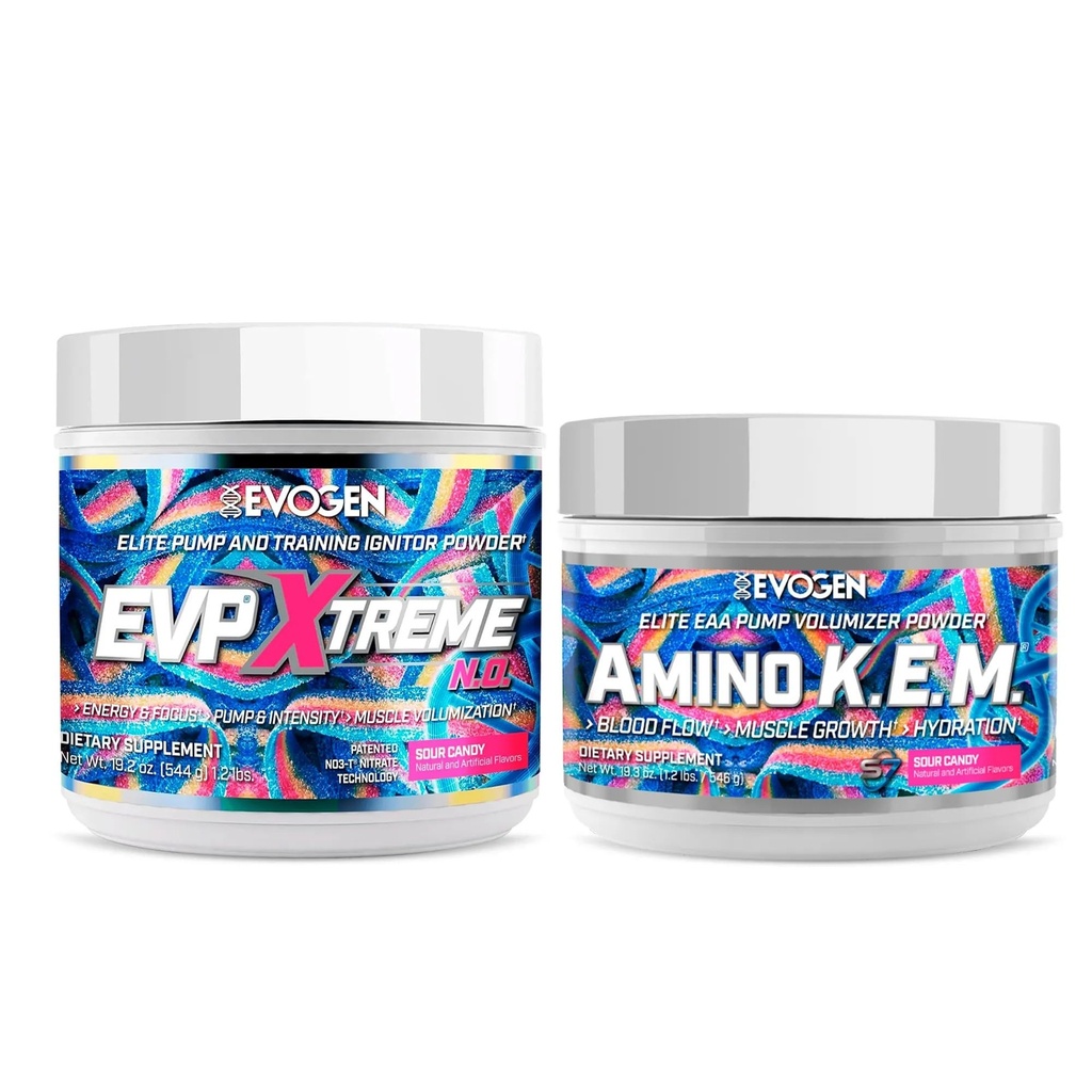 Evogen EVP Xtreme NO Amino K.E.M. Bundle - טרום עבודה אבקה & EAA / BCAA משאבה Volumizer עבור צמיחה שרירים, הידרציה וביצועים | Sour Candy