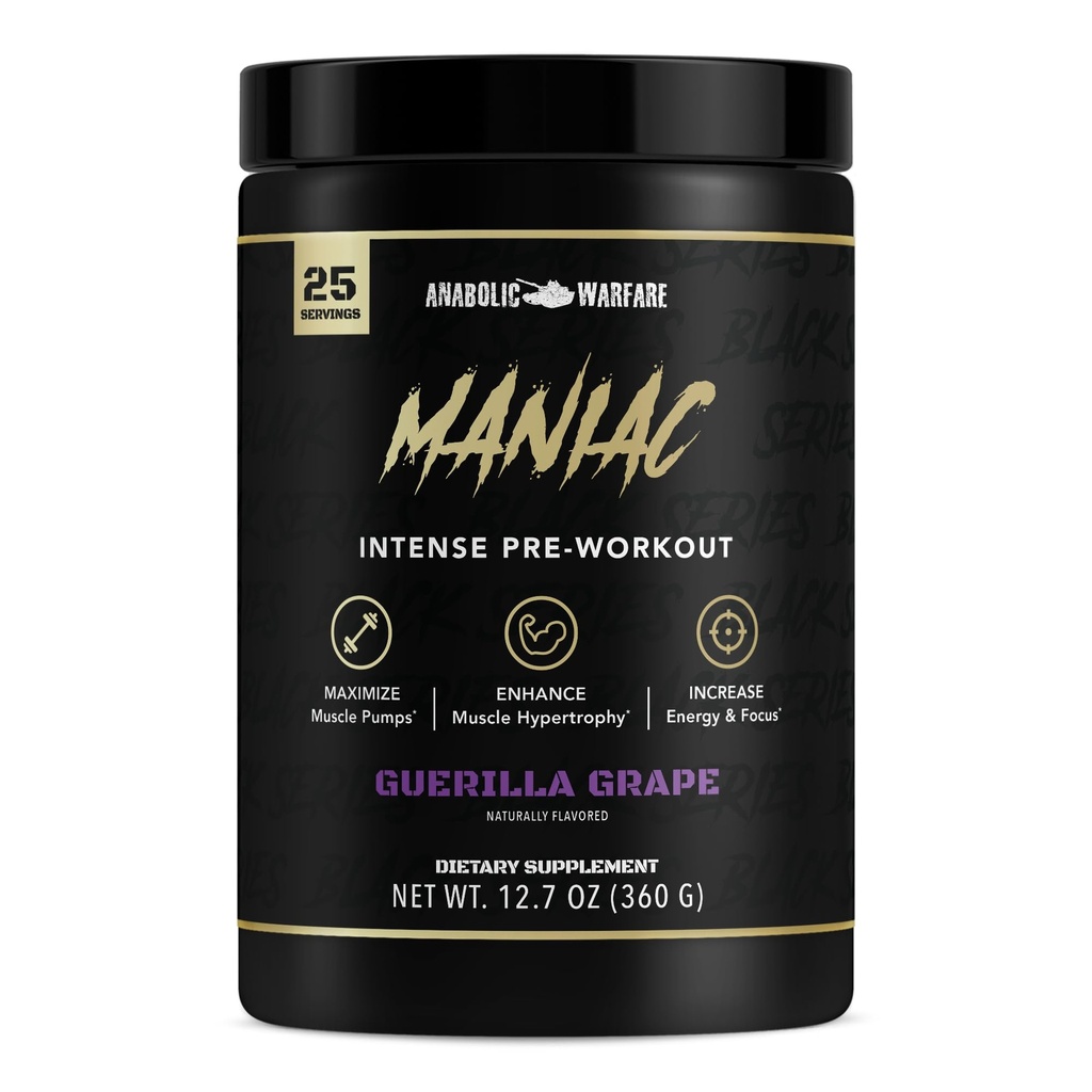 Anabolic Warfare Black Series Maniac, Pre-Workout אבקת, תומך Nitric Oxide, משאבות שרירים וחלבון Synthesis * Guerilla Grape
