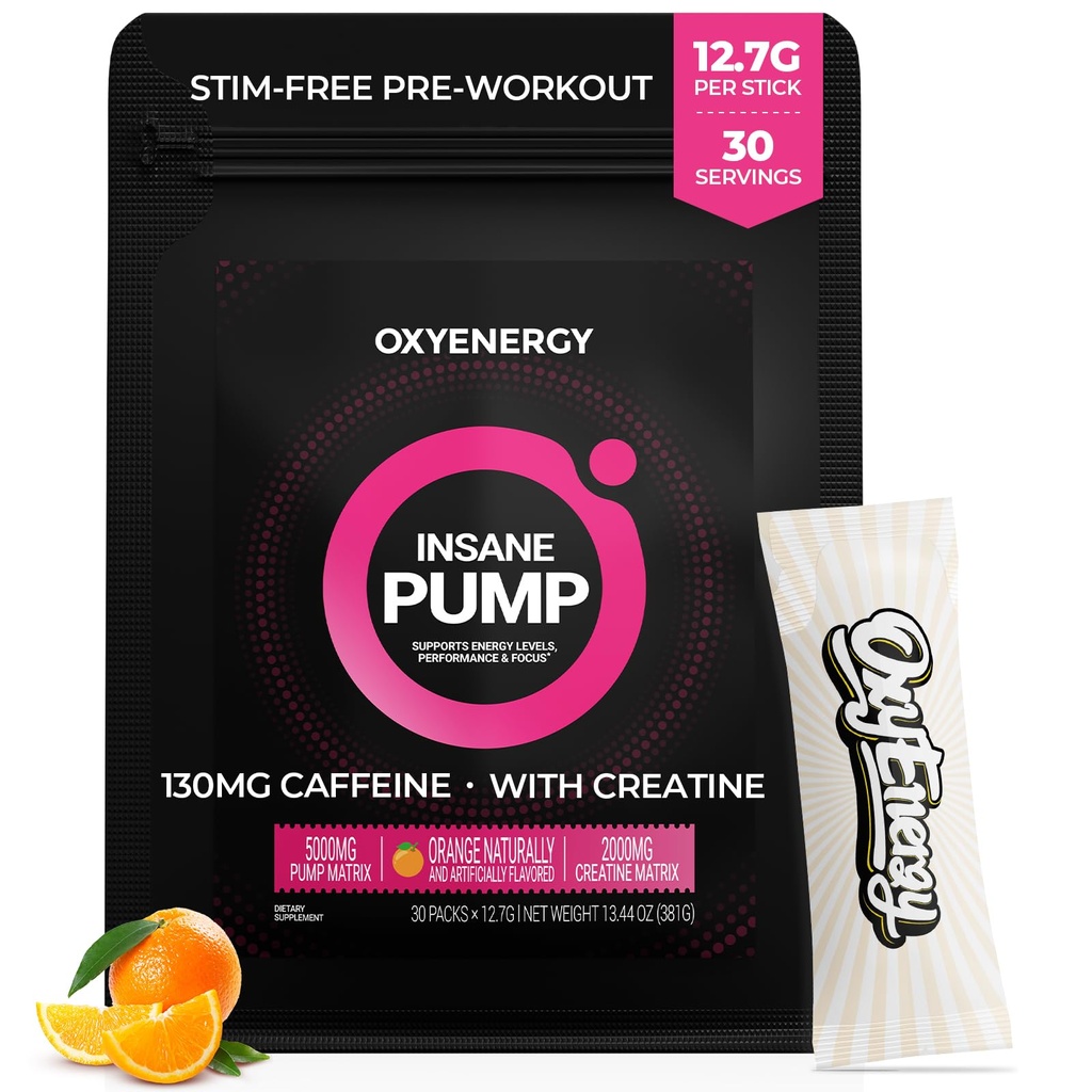 OxyEnergy Pre Workout אבקת - Orange, non Stim 130 מ"ג Low Caffeine, On-The-Go Packets with Betaine, Creatine Monohydrate & Turine for Sensitive Users, Women, Evening Workouts - 30 משרתים