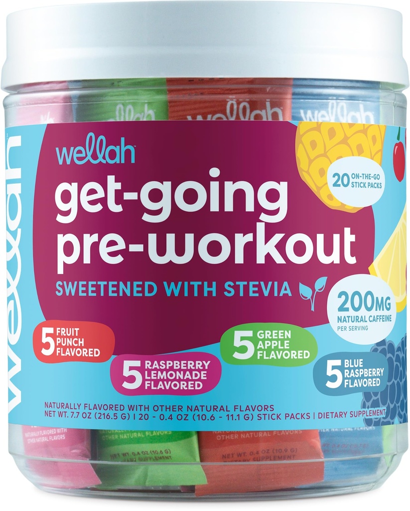 Wellah Get-Going Pre-Workout Variety Pack (20 Stick Packs) - 200mg Natural Caffeine, Stevia-מתוקה, עם Citrulline Malate ו- L-theanine, ו 1000 מ"ג של Beta-Alanine.