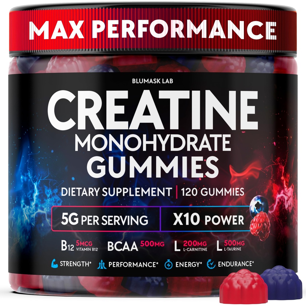 Creatine Monohydrate Gummies מורכב 5000 MG עבור גברים ונשים, Preworkout Gummy עם BCAA, L-Carnitine, Tairine & ויטמין B12 עבור צמיחה שרירית, כוח ותמיכה אנרגיה, פלבדר ו צ 'כיפוף.