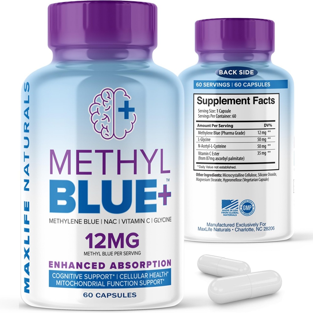 MAXLIFE NATURALS Pure Methylene Blue קפסולות, Ultimate Methylene Blue Class 12 מ"ג - 60 קפסולות עם ויטמין C Ester & NAC Glycine, תומך ותפקוד סלולרי, המיוצר בארה"ב