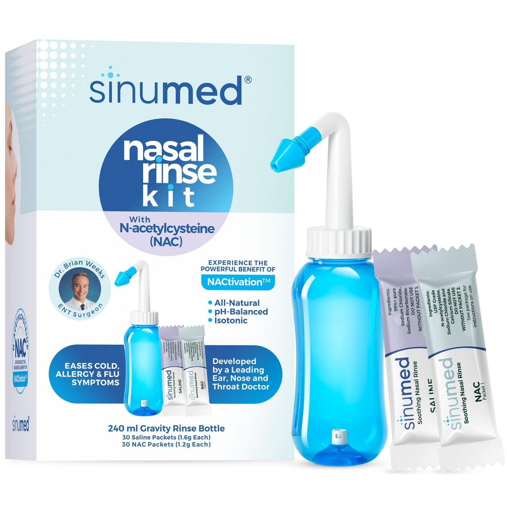 Sinus Rinse, 60PK Nasal Rinse Packets עם NAC ו Saline, Gravity Rinse הבקבוק, Alternative to Neti Pot, Helps with Allergy, Communityestion, Coldתסמינים (Gravity Bottle with NAC 60PK)