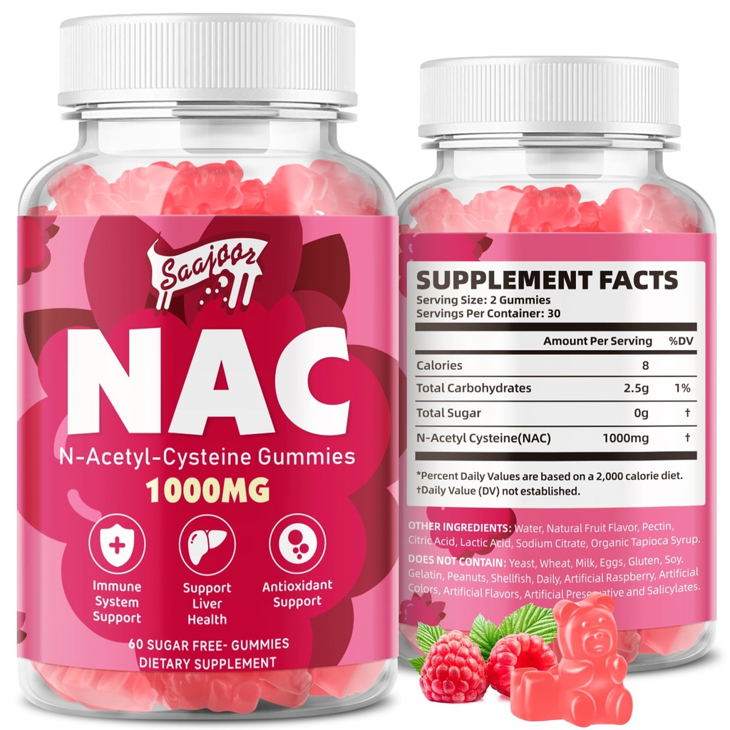 NAC Gummies Sugar-Free, N-Acetyl Cysteine NAC תוסף 1000 מ"ג עבור Antioxidants, Immune Support, non-GMO, Gluten-Free, טבעוני - Raspberry Flavor, 60 חניכיים