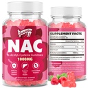 NAC Gummies Sugar-Free, N-Acetyl Cysteine NAC תוסף 1000 מ"ג עבור Antioxidants, Immune Support, non-GMO, Gluten-Free, טבעוני - Raspberry Flavor, 60 חניכיים