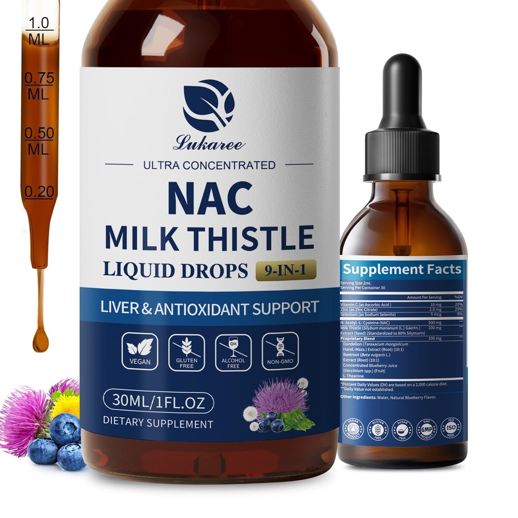 לוקארי Liposomal NAC תוסף N-Acetyl-L-Cysteine 600 מ"ג עם חלב Thistle - NAC Amino Acid Drops w/Selenium for Liver & Kidney Support*, Lung, Antioxidants & Immune Support *- טבעוני, Non-GMO- 2oz