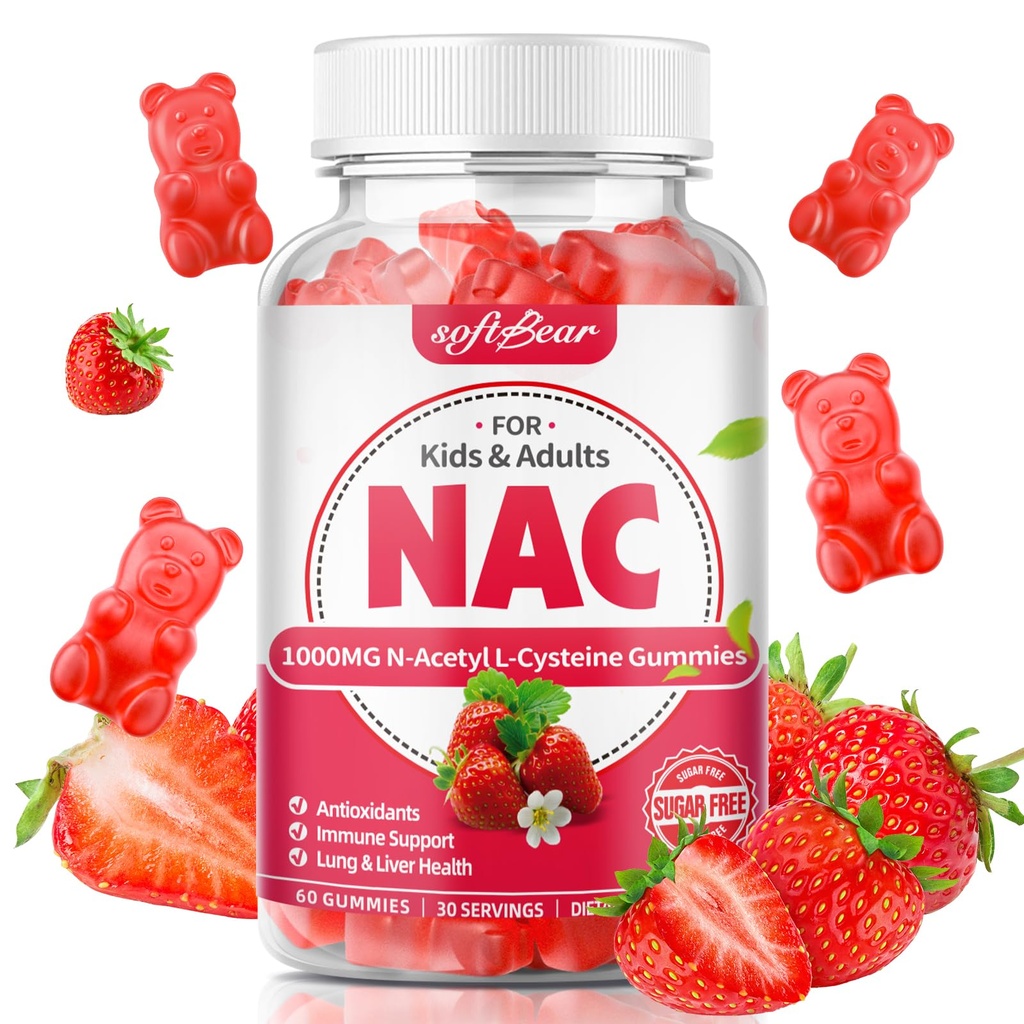 רכות NAC חניכיים לילדים ומבוגרים, NAC תוסף 1000 מ"ג N Acetylsteine תומך Lung & Liver בריאות, Antioxidants & Immune System, Strawberry פלמור 60