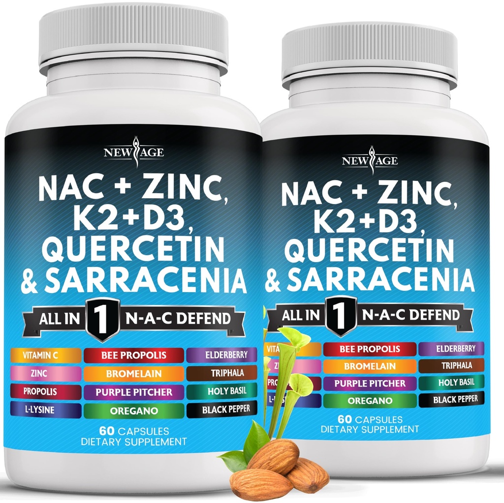 AGE NAC תוסף N-Acetyl Cysteine - עם ויטמין D3, K2, Zinc, Quercetin, Triphala, Sarracenia Purpurea, Elderberry, הולי בזיל, Bee Propolis, Bromelain, L-Lysine - 120 הרוזן