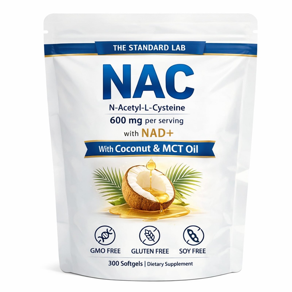 המעבדה הסטנדרטית NAC 600 מ"ג עם NAD+ Daily Complex, N-Acetyl Cysteine תוספי קפסולות, Antioxidant Support Formula, Vegan, non-GMO, Gluten Free, 300 Softgels