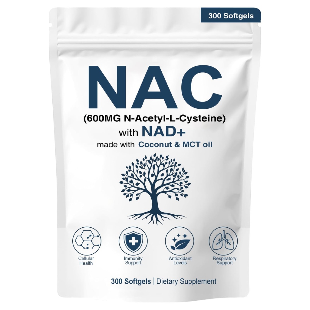 NAC 600 מ"ג non-GMO, Gluten Free, Organic NAC תוסף N-Acetyl Cysteine קפסולות עם NAD+ לבריאות סלולרית ו- Lung, 300 Softgels