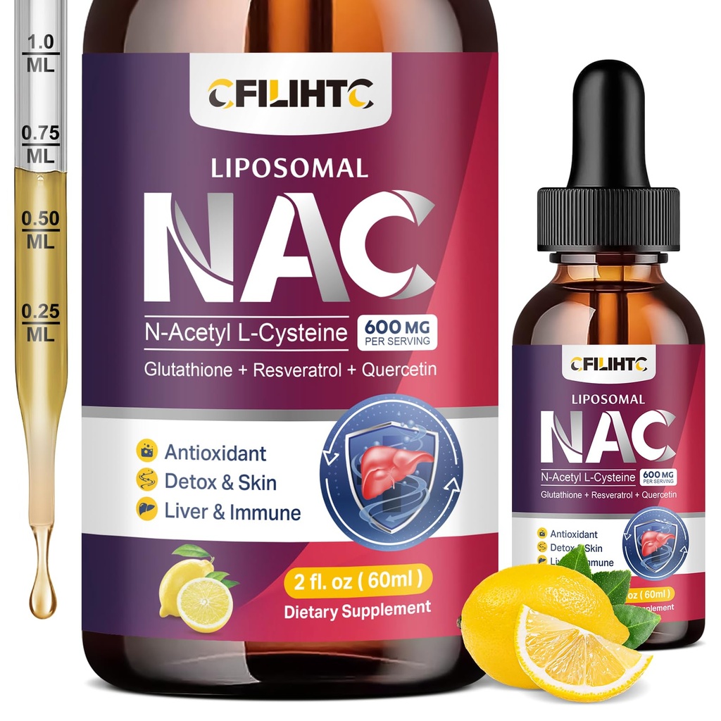 Liposomal נוזל NAC תוסף N-Acetyl Cysteine Drops, N Acetyl Cysteine 600 מ"ג עם Glutathione, Resveratrol & Zinc for Adults & Kids Liver Lung Antioxidant Immune & Skin Health, לימון 2 Fl Oz Oz Oz Oz Oz