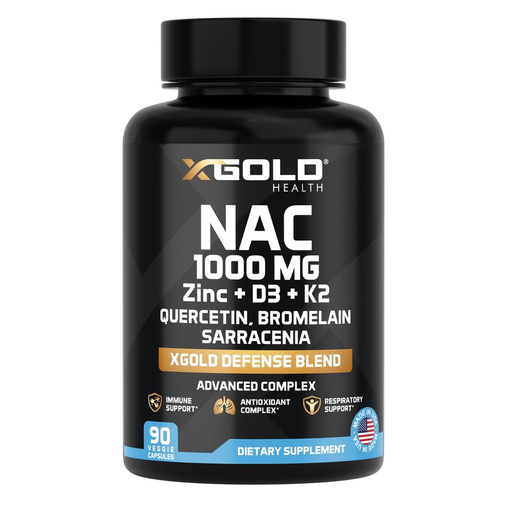 XGold Health NAC 1000 מ"ג עם Quercetin 95%, Bromelain, Zinc, ויטמין C, D3 & K2 Immune Support & Antioxidant תוסף אבטחה מתקדם תערובת 90 Veggie קפסולות